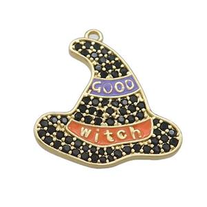 Copper Witch Hat Pendant Pave Black Zircon Enamel Halloween Charms Gold Plated, approx 21mm