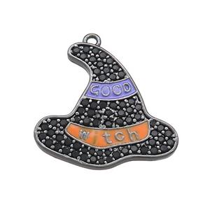 Copper Witch Hat Pendant Pave Black Zircon Enamel Halloween Charms Black Plated, approx 21mm