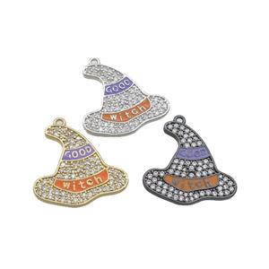 Copper Witch Hat Pendant Pave Zircon Enamel Halloween Charms Mixed, approx 21mm