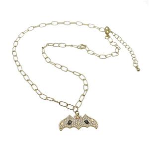 Copper Necklace With Halloween Bat Charms Pave Zircon Gold Plated, approx 12-28mm, 4-7mm, 40-45cm length