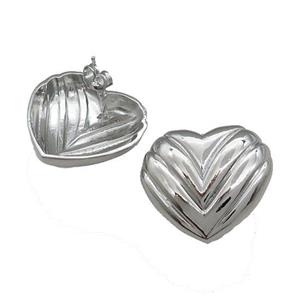Copper Stud Earrings Heart Platinum Plated, approx 30mm