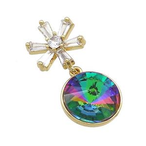 Copper Pendant Pave Rainbow Crystal Glass Snowflake Gold Plated, approx 13mm, 13.5mm