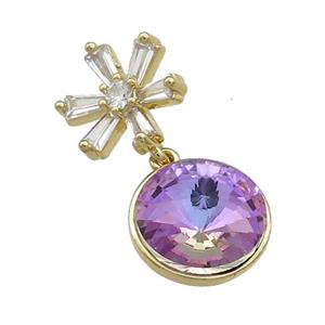 Copper Pendant Pave Purple Crystal Glass Snowflake Gold Plated, approx 13mm, 13.5mm