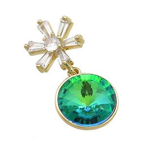 Copper Pendant Pave Green Crystal Glass Snowflake Gold Plated, approx 13mm, 13.5mm
