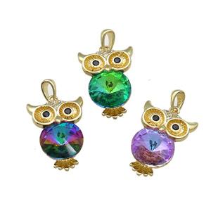 Copper Owl Charms Pendant Pave Crystal Glass Birds Gold Plated, approx 16-22mm