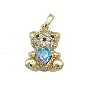 Copper Bear Pendant Pave Zircon Crystal Glass Gold Plated, approx 12-14mm