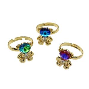 Copper Bear Rings Pave Zircon Crystal Glass Adjustable Gold Plated Mixed, approx 12-16.5mm, 18mm dia
