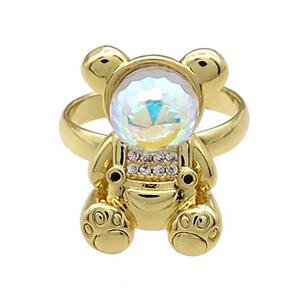 Copper Bear Rings Pave Zircon Crystal Glass Adjustable Gold Plated, approx 13.5-20mm, 18mm dia