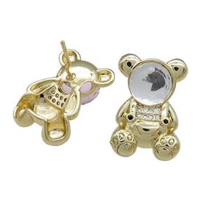 Copper Bear Stud Earrings Pave Zircon Crystal Glass Gold Plated, approx 13.5-20mm