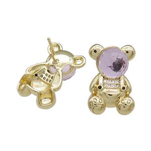 Copper Bear Stud Earrings Pave Zircon Crystal Glass Gold Plated, approx 13.5-20mm