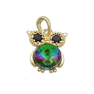 Copper Owl Pendant Pave Zircon Crystal Glass Gold Plated, approx 10-14mm
