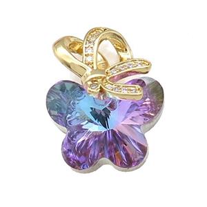 Rainbow Crystal Glass Butterfly Pendant Copper Pave Zircon Gold Plated, approx 18-25mm