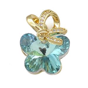 Aqua Crystal Glass Butterfly Pendant Copper Pave Zircon Gold Plated, approx 18-25mm