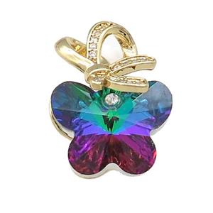 Rainbow Crystal Glass Butterfly Pendant Copper Pave Zircon Gold Plated, approx 18-25mm