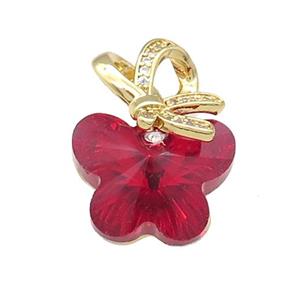 Red Crystal Glass Butterfly Pendant Copper Pave Zircon Gold Plated, approx 18-25mm