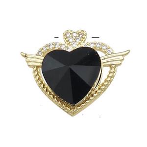 Copper Heart Pendant Pave Crystal Glass Zircon Angel Wings Gold Plated, approx 14mm, 21-25mm
