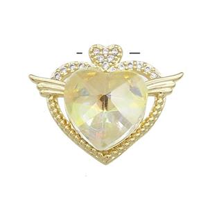 Copper Heart Pendant Pave Crystal Glass Zircon Angel Wings Gold Plated, approx 14mm, 21-25mm
