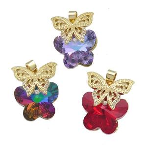 Copper Butterfly Pendant Pave Crystal Glass Zircon Gold Plated Mixed, approx 18-25mm