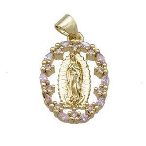 Copper Jesus Pendant Pave Zircon Oval Gold Plated, approx 14-18mm