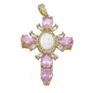 Copper Cross Pendant Pave Pink Zircon Shell Gold Plated, approx 30-43mm