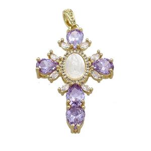 Copper Cross Pendant Pave Purple Zircon Shell Gold Plated, approx 30-43mm
