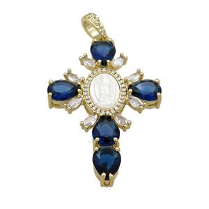 Copper Cross Pendant Pave Blue Zircon Shell Gold Plated, approx 30-43mm