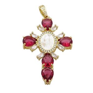Copper Cross Pendant Pave Red Zircon Shell Gold Plated, approx 30-43mm