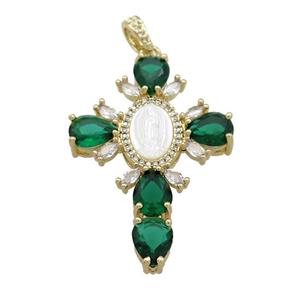 Copper Cross Pendant Pave Green Zircon Shell Gold Plated, approx 30-43mm