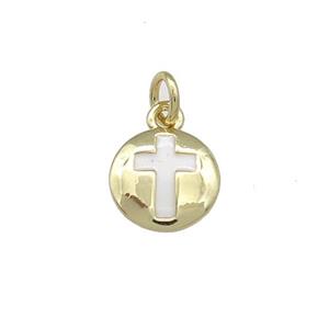 Copper Cross Pendant White Enamel Circle Gold Plated, approx 10mm