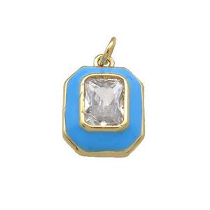 Copper Rectangle Pendant Pave Zircon Blue Enamel Gold Plated, approx 12-14mm