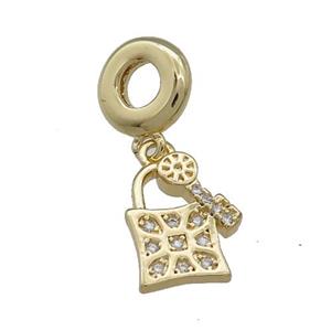 Copper Lock Key Pendant Pave Zircon Gold Plated, approx 11-13mm, 10mm