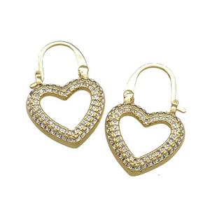 Copper Heart Latchback Earrings Pave Zircon Gold Plated, approx 17.5-26mm