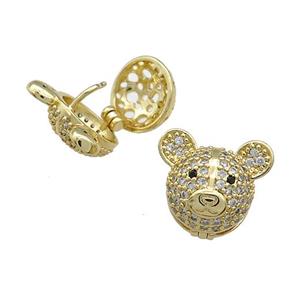 Copper Bear Stud Earrings Pave Zircon Gold Plated, approx 16-17mm