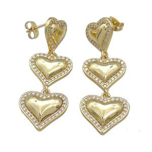 Copper Heart Stud Earrings Pave Zircon Gold Plated, approx 13mm