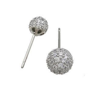 Copper Stud Earrings Pave Zircon Ball Platinum Plated, approx 8mm