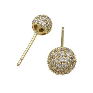 Copper Stud Earrings Pave Zircon Ball Gold Plated, approx 8mm
