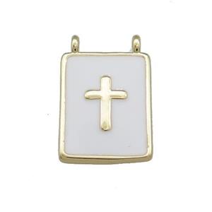 Copper Rectangle Pendant White Enamel Cross 2loops Gold Plated, approx 12-18mm