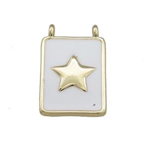 Copper Rectangle Pendant White Enamel Star 2loops Gold Plated, approx 12-18mm