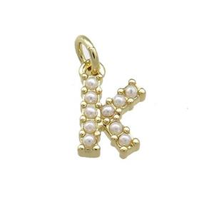 Copper Letter-K Pendant Pave Pearlized Resin Gold Plated, approx 3-10mm
