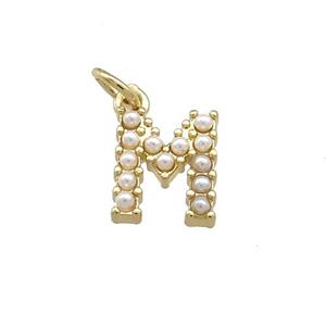 Copper Letter-M Pendant Pave Pearlized Resin Gold Plated, approx 3-10mm