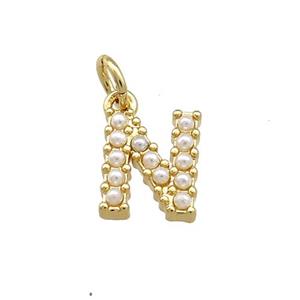 Copper Letter-N Pendant Pave Pearlized Resin Gold Plated, approx 3-10mm