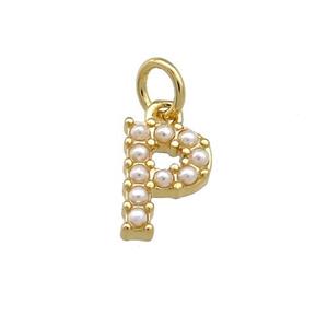 Copper Letter-P Pendant Pave Pearlized Resin Gold Plated, approx 3-10mm