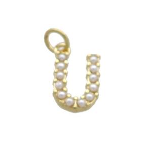 Copper Letter-U Pendant Pave Pearlized Resin Gold Plated, approx 3-10mm