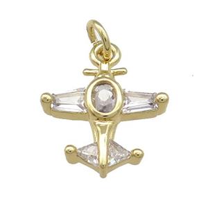 Copper Airplane Pendant Pave Zircon Gold Plated, approx 14mm