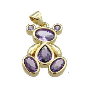 Copper Bear Pendant Pave Purple Zircon Gold Plated, approx 15-20mm