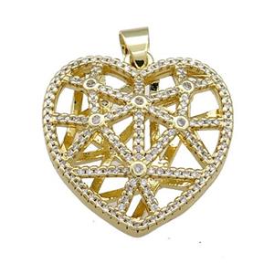 Copper Heart Pendant Pave Zircon Hollow Gold Plated, approx 25mm