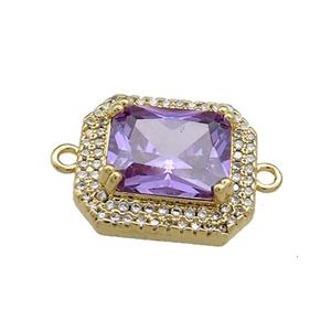 Copper Rectangle Connector Pave Purple Crystal Glass Zircon Gold Plated, approx 16-18mm