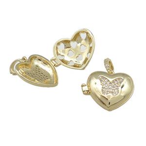 Copper Heart Locket Pendant Pave Zircon Butterfly Gold Plated, approx 20mm