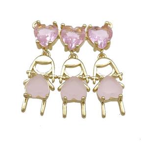 Copper Girls Pendant Pave Pink Crystal Glass 2loops Gold pLated, approx 8mm, 28-32mm