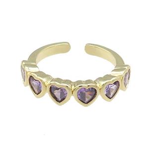Copper Heart Rings Pave Purple Zircon Gold Plated, approx 5mm, 18mm dia